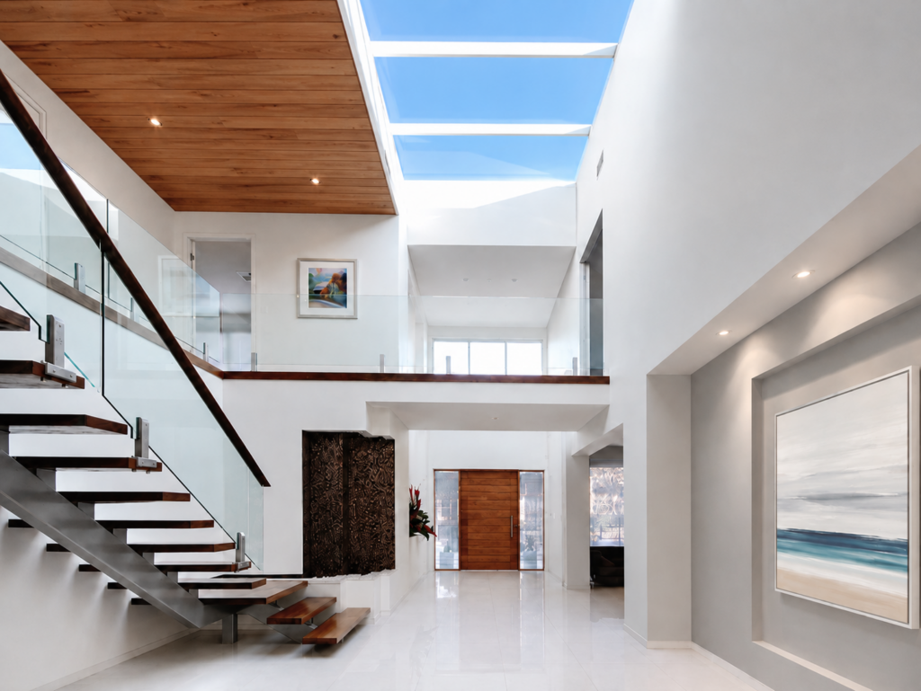 Modern custom home entrance with timber staircase and skylight
