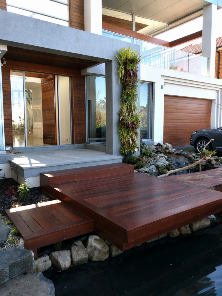 Modern custom home entrance with timber staircase and skylight